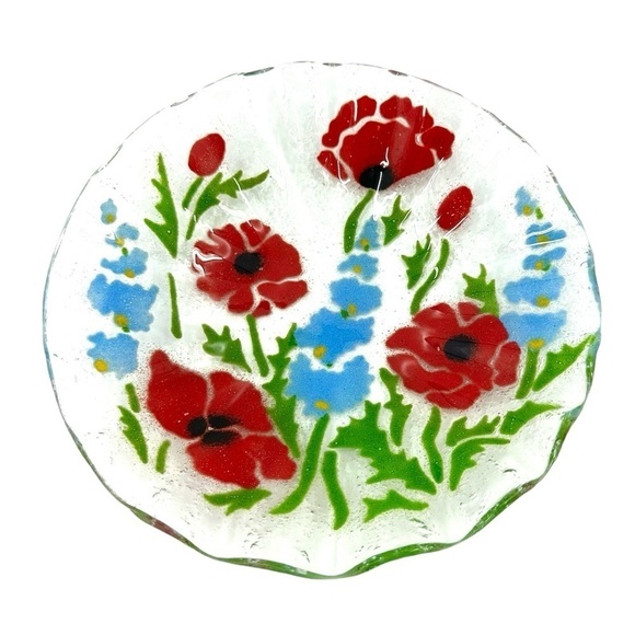 Fused Glass Plate Red Poppy Blue Delphinium Floral Scalloped Edge Botanical Art - Picture 3 of 7